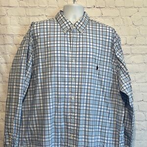 Ralph Lauren Mens Dress Shirt 2XLT Pony Cotton Button Up Shirt White Green Plaid
